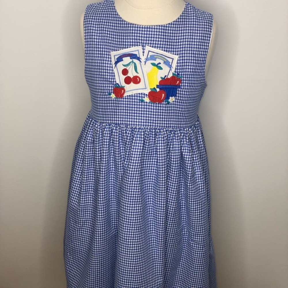 Vtg fast Friends girls blue herringbone fruit embroidered jumper dress sz 6
